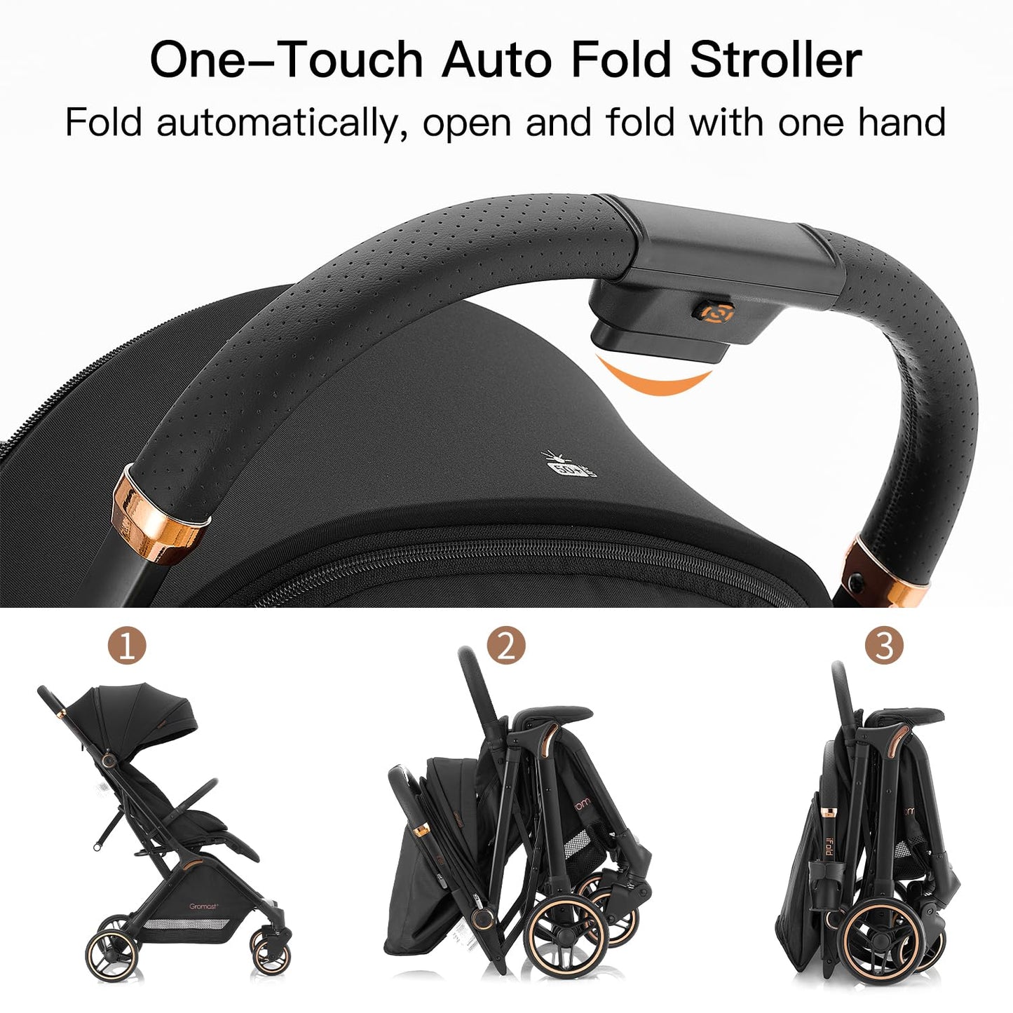 Gravity Folding Baby Stroller - Portable Travel Toddler Stroller w/Adjustable Backrest & Canopy, Cup Holder, Lightweight and UV Protected, One-Hand Automatic Folding - Black