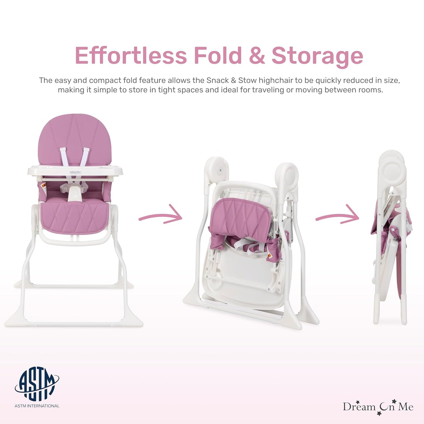 Dream On Me Snack and Stow Highchair | Adjustable Feeding Chair with Removable Tray, Lightweight, Foldable Design, Easy to Clean, Perfect for Toddlers & Infants