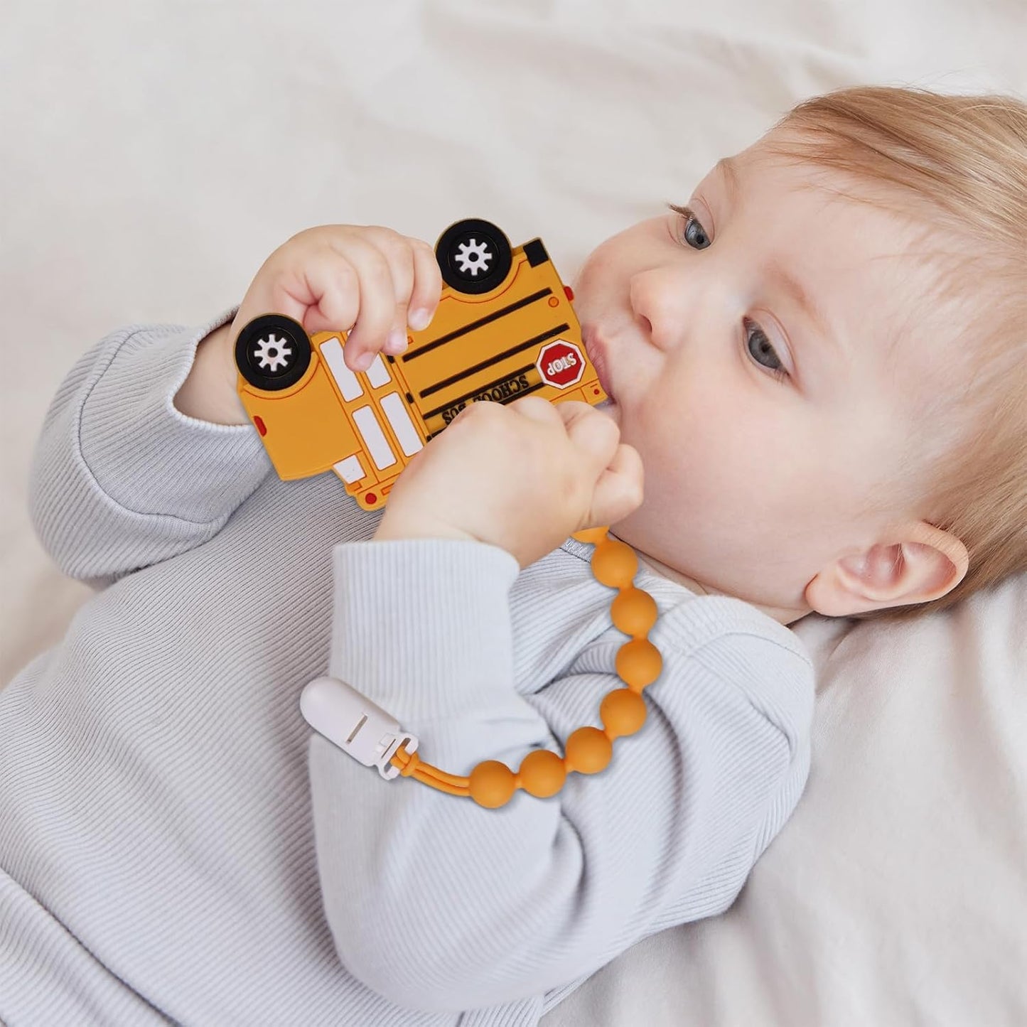 Baby Food Grade Silicone Carrier Vehicle Teether Toy with Pacifier Clip Holder,Teething Toys Gift Set for 3 Months+ Boys and Girls,Freezer Safe,BPA Free.(Garbage Truck)