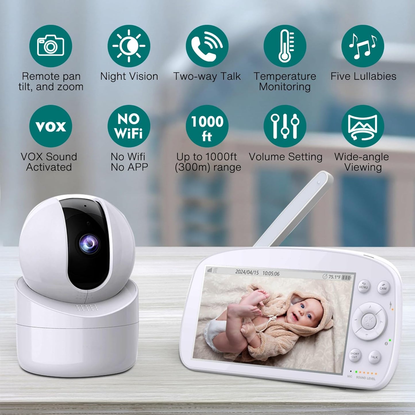 2025 Upgraded Baby Monitor with Night Lamp, 5'' IPS Screen Video Baby Monitor with Pan-Tilt-Zoom Camera No WiFi, HD Night Vision, 2-Way Talk, Lullaby Player, 4500mAh Battery (BBM-04)