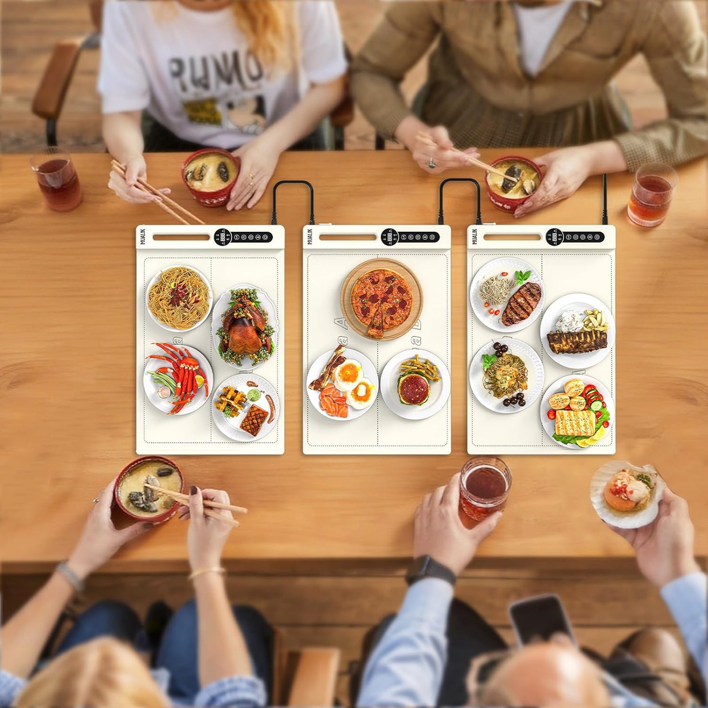 Warming Mats for Food Countertop, Roll-UP 2 Pack Fast Heating Tray Silicone with 7 Level Temperature, 2 Zone and 3 Pad Parallel Expandable, Automatic On-Off Timer Setting (beige-2 pcs, wcb2)