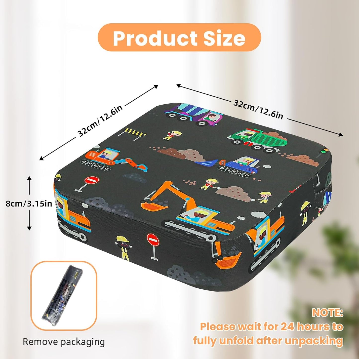 Toddler Booster Seat for Dining Table, Kids Booster Seat for Kitchen Chair with Non-Slip Bottom, Portable Detachable Washable Increasing Cushion with 2 Adjustable Straps (Excavator)