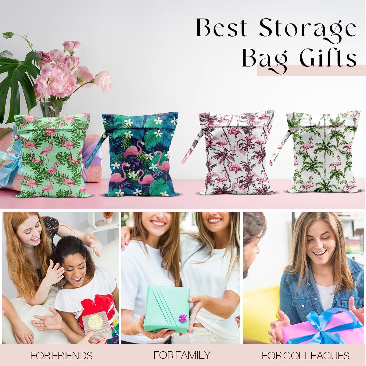4 Pack Wet Bag for Swimsuit, Beach Travel Essentials Wet Dry Bag, for Sunscreen Toiletry Dirty Clothes Yoga Gym Diaper, Friend Summer Beach Vacation Gifts. Flamingo Series