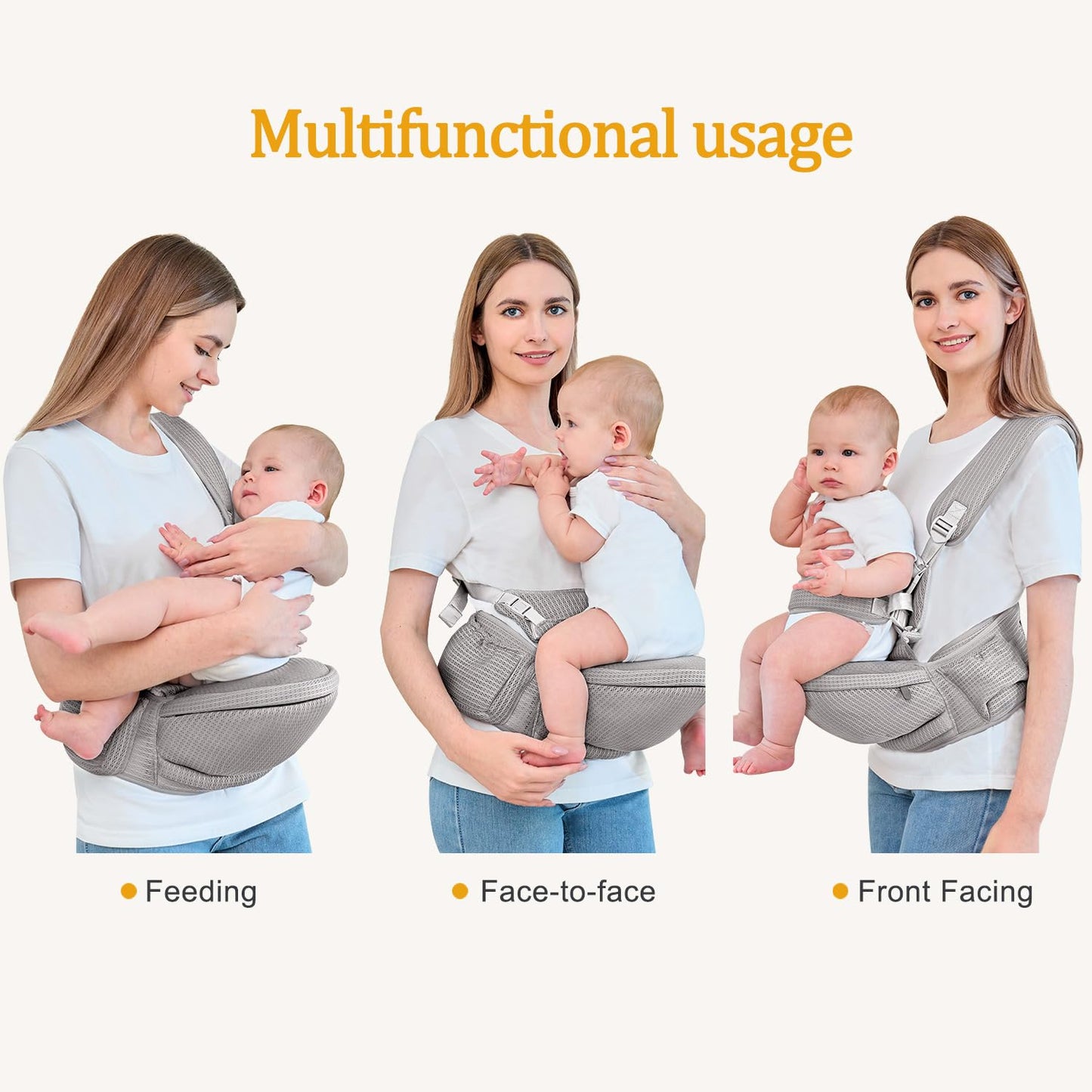 Baby Hip Carrier - Hip Carrier for Baby with Baby Safety Strap - Toddler Carrier 7-45 lbs - Ergonomic Infant Holder Baby Carrier with Hip Seat Large Capacity Pockets(Light Grey)