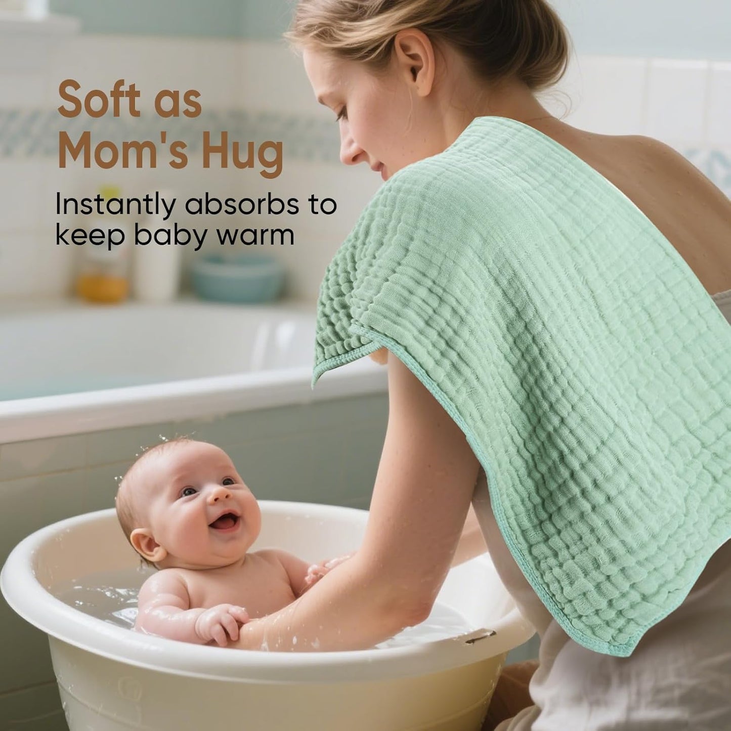 Muslin Hooded Baby Towels 100% Cotton ,Super Soft Muslin Baby Bath Towel - 32 x 32 Inches, Suitable for Newborn and Young Children up to 3 Years Old. (Beige & Green)