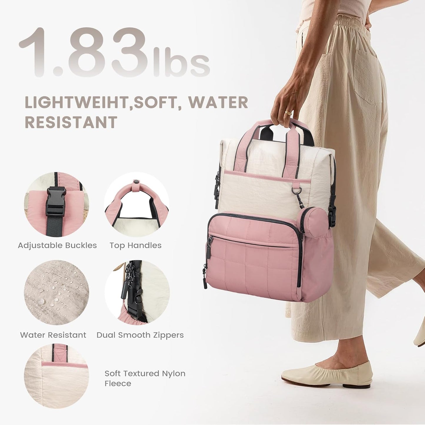 VONAL Diaper Bag Backpack, Lightweight Baby Diaper Bags, Travel Large Diaper Bag with Changing Station, Pink Diaper Backpack for Boys Girls Newborn with Insulated Pockets, Stroller Straps