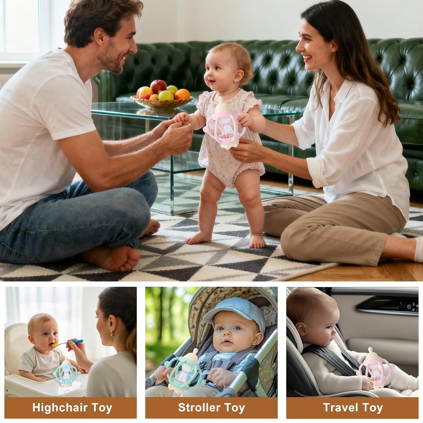 Socub Baby Rattle Teether Toys for 0-12 Months, 2-in-1 Sensory Hand Grasp Shaker with Soft Silicone Teething Ball & Pacifier, BPA Free Chew Toy for 6-12 Months, Newborn Gift for Boys and Girls (Pink)