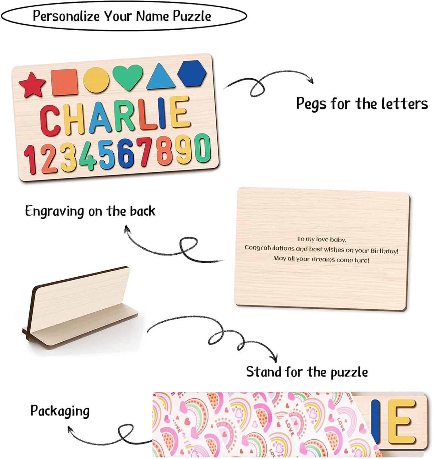 Name Puzzle for Kids Personalized, Wooden Shapes Name Puzzles for Toddlers 1-3, Engraved Text Greetings on Back, Custom Baby 1st Birthday Gifts for Girl&Boy, Kids Sensory Toys (Numbers Name Puzzle)