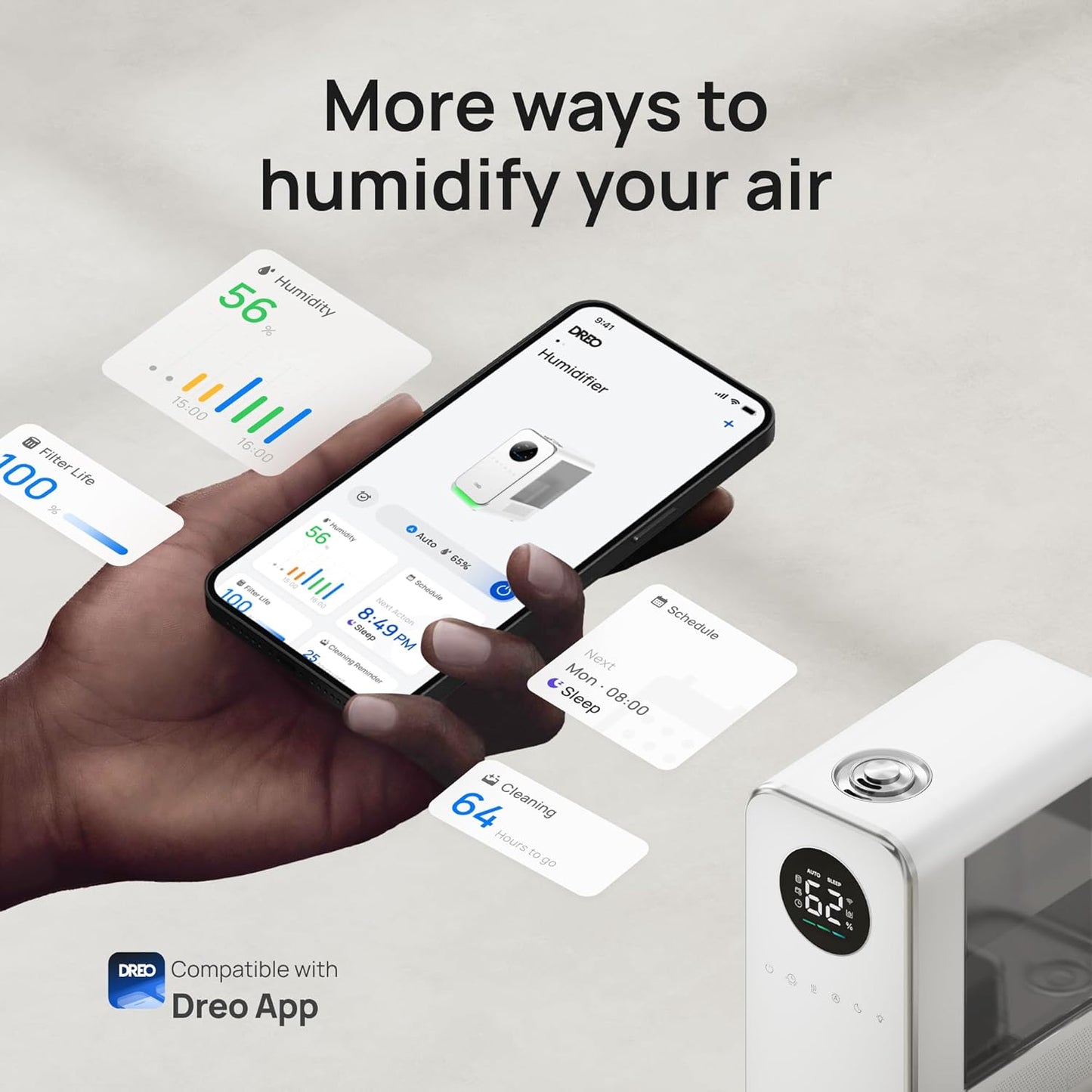 Dreo Humidifiers for Bedroom, Top-filled Smart Quiet Cool Mist Humidifiers for Large Room Home, Oil Diffuser & Nightlight, 50Hours Runtime for Indoor Plants, with Alexa/Google, Grey