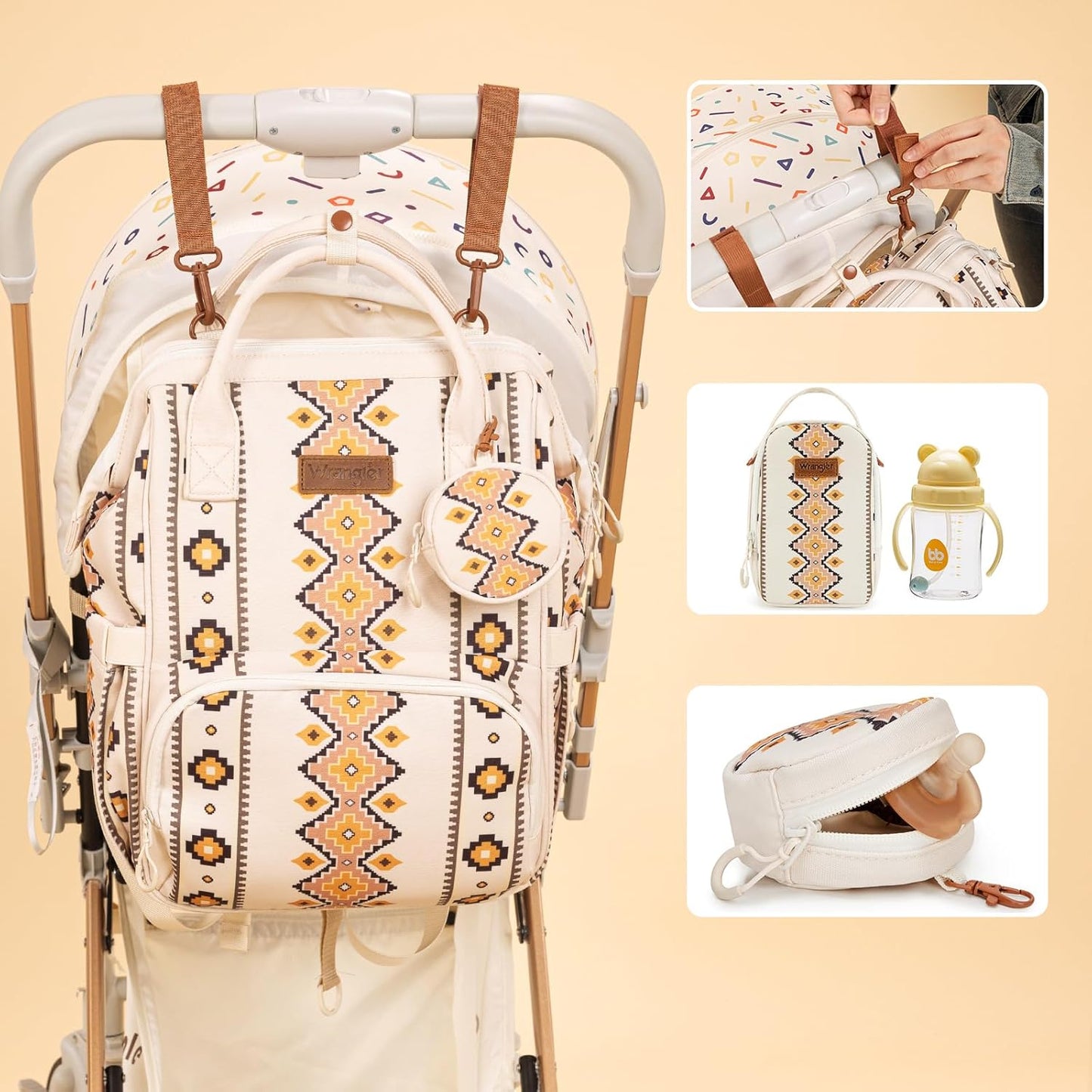Montana West Wrangler Callie Diaper Bag Backpack with Pacifier Case, Crossbody Bottle Bag and Stroller Straps Western Pattern Multifunction Baby Travel Bag Set WG2215-9110TN