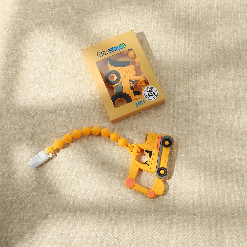 Baby Food Grade Silicone Carrier Vehicle Teether Toy with Pacifier Clip Holder,Teething Toys Gift Set for 3 Months+ Boys and Girls,Freezer Safe,BPA Free. (Excavator)