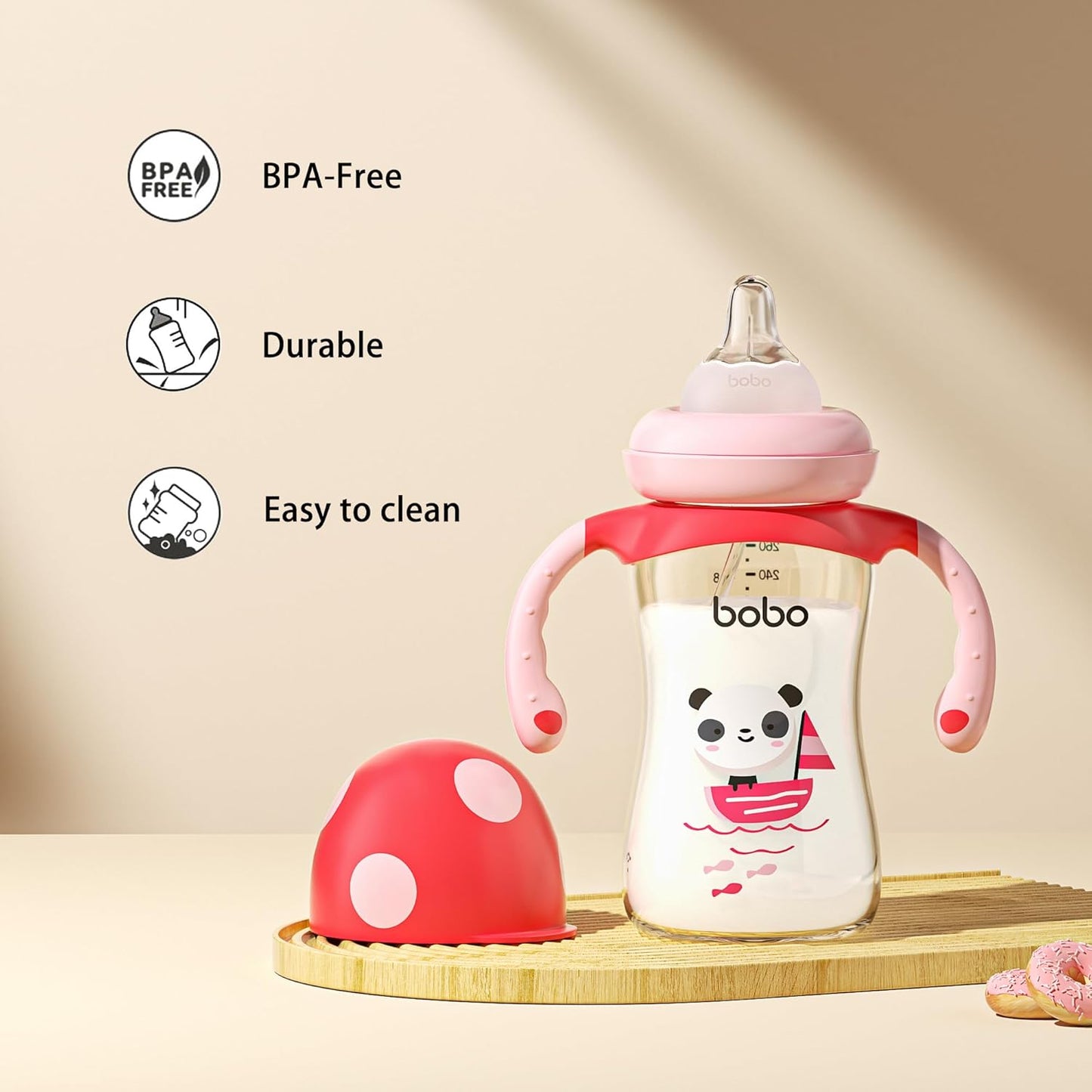 YOHKOH Natural PPSU Baby Bottle with Natural Response Nipple, Newborn Anti-Colic Baby Bottles with Handle, Wide Neck Mushroom Cap Baby Bottle (8.8oz (Pack of 4), Multicolour)