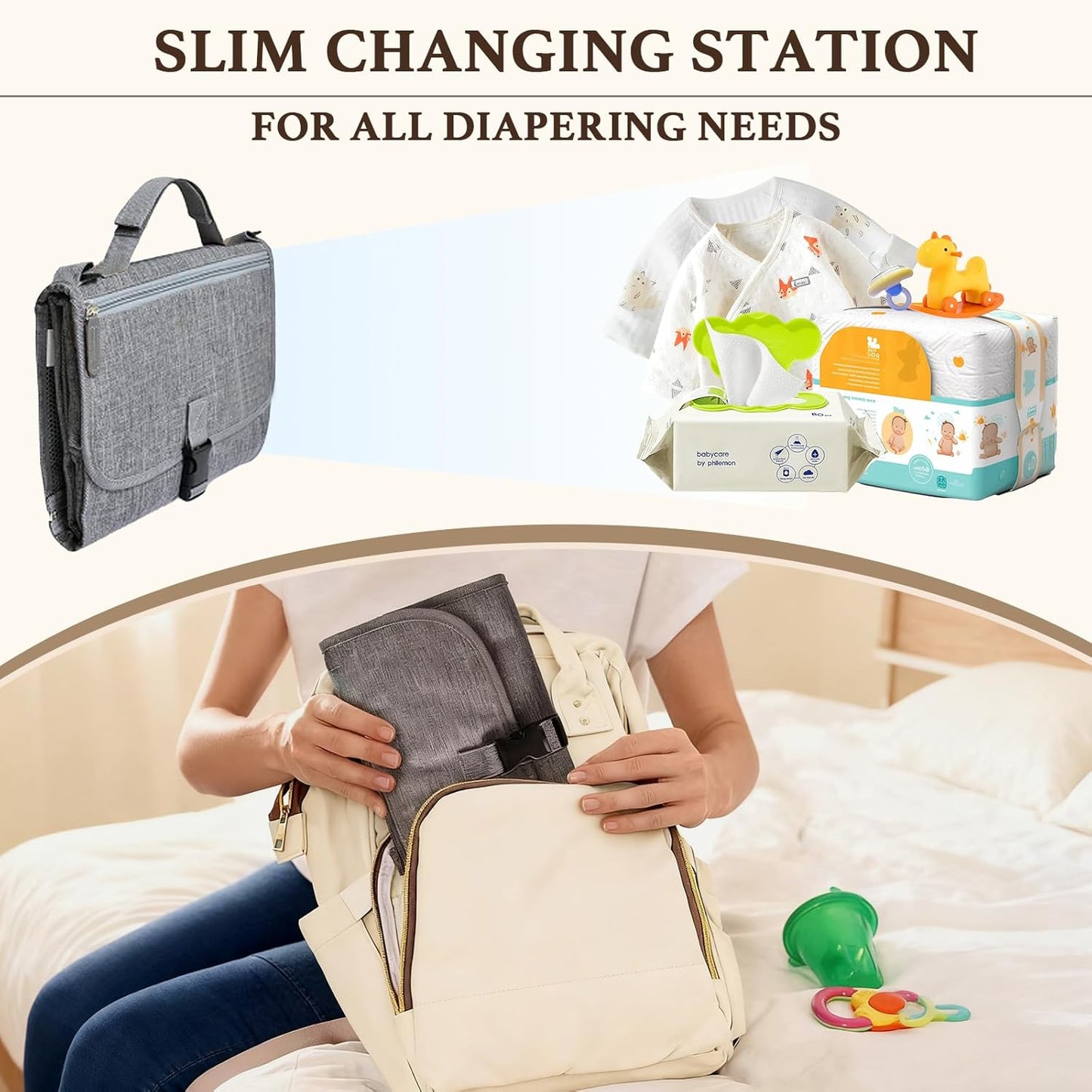Baby Portable Diaper Changing Pad - Baby Diaper Changer Travel Bag with Wipes Pocket, Smart Design Portable Changing Mat,Gift for Newborn Girl & Boy,Gray.