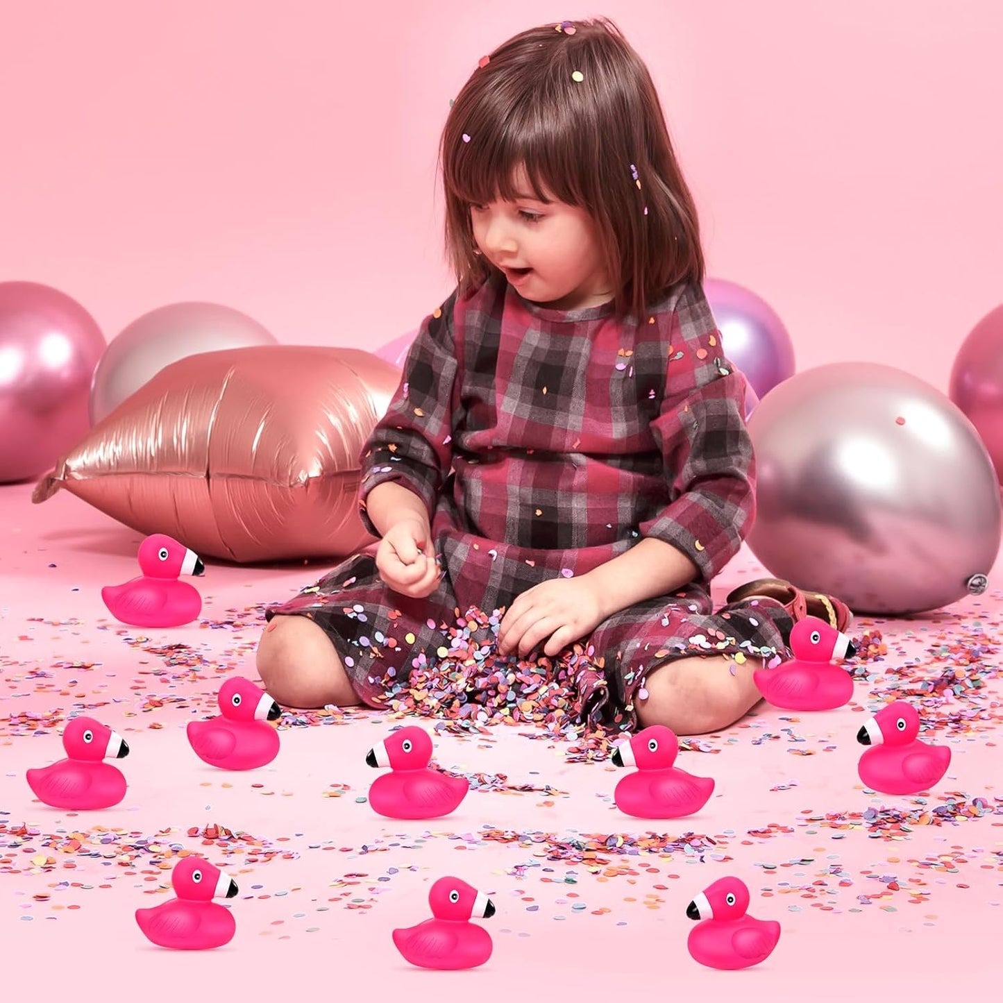 12 PCS Flamingo Rubber Ducks, Pink Cute Flamingo Duck, Floating Squeaky Bath Toys for Baby Shower Birthday Party Favors, Mini Rubber Ducks for Cake Decoration Classroom Prizes
