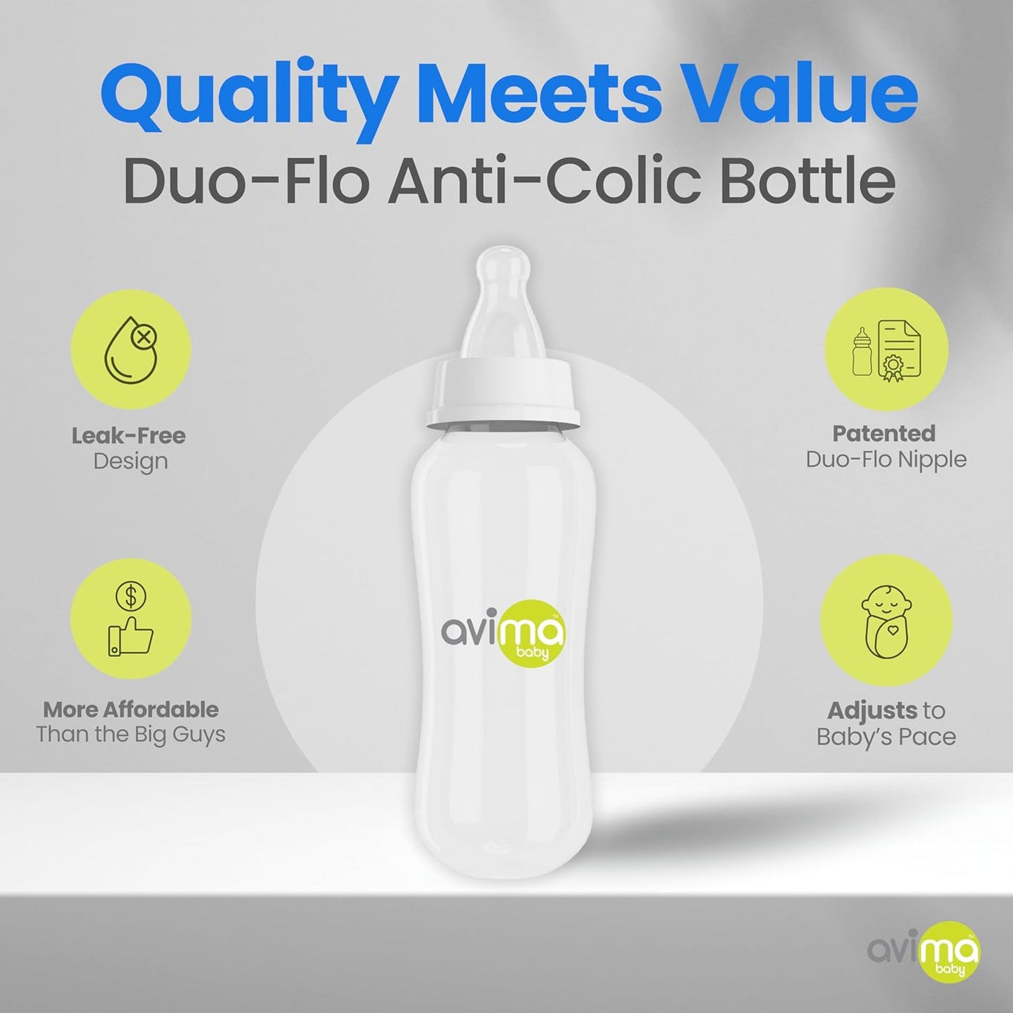 Avima 10 oz Anti Colic Baby Bottle Set - Medium Flow Nipples Included, Standard Neck, BPA Free - 3-6 Months, Stage 2 Feeding for Gas, Spit Up & Colic (Set of 8)