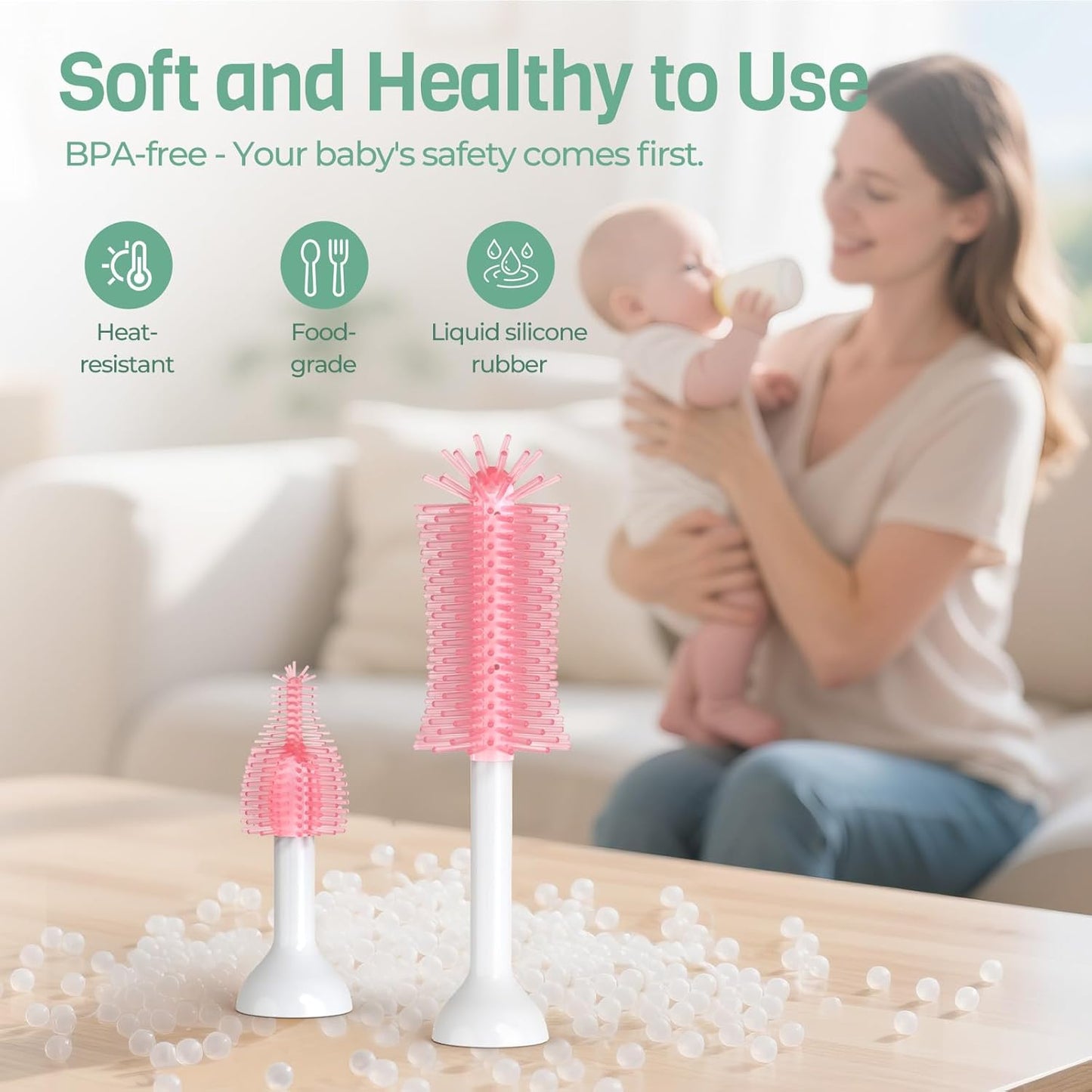 SEANCHEER S02 Electric Bottle Brush Set, Portable Baby Bottle Brush Cleaner, AA Battery-Powered & IPX7 Waterproof, with Silicone Bottle/Nipple/Straw Brush, for Home & Travel (Pink)