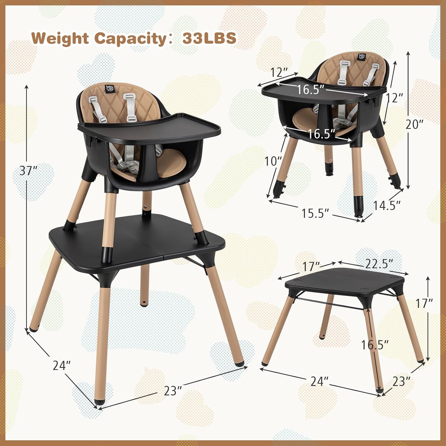 BABY JOY High Chair, 5 in 1 Convertible Highchair for Babies & Toddlers | Booster Seat | Table and Chair Set | Infant Feeding Chair with Removable Tray, Safety Harness, Removable Cushion (Brown)