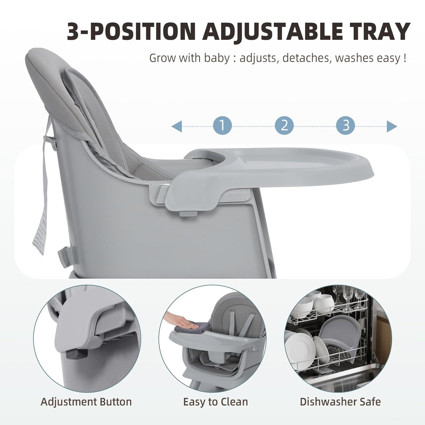 8 in 1 Baby Highchair, Convertible High Chair for Babies and Toddlers, Booster Seat w/5-Point Safety Belt, Toddler Building Block Table, Dishwasher Safe Tray, No Tool Install, Gray