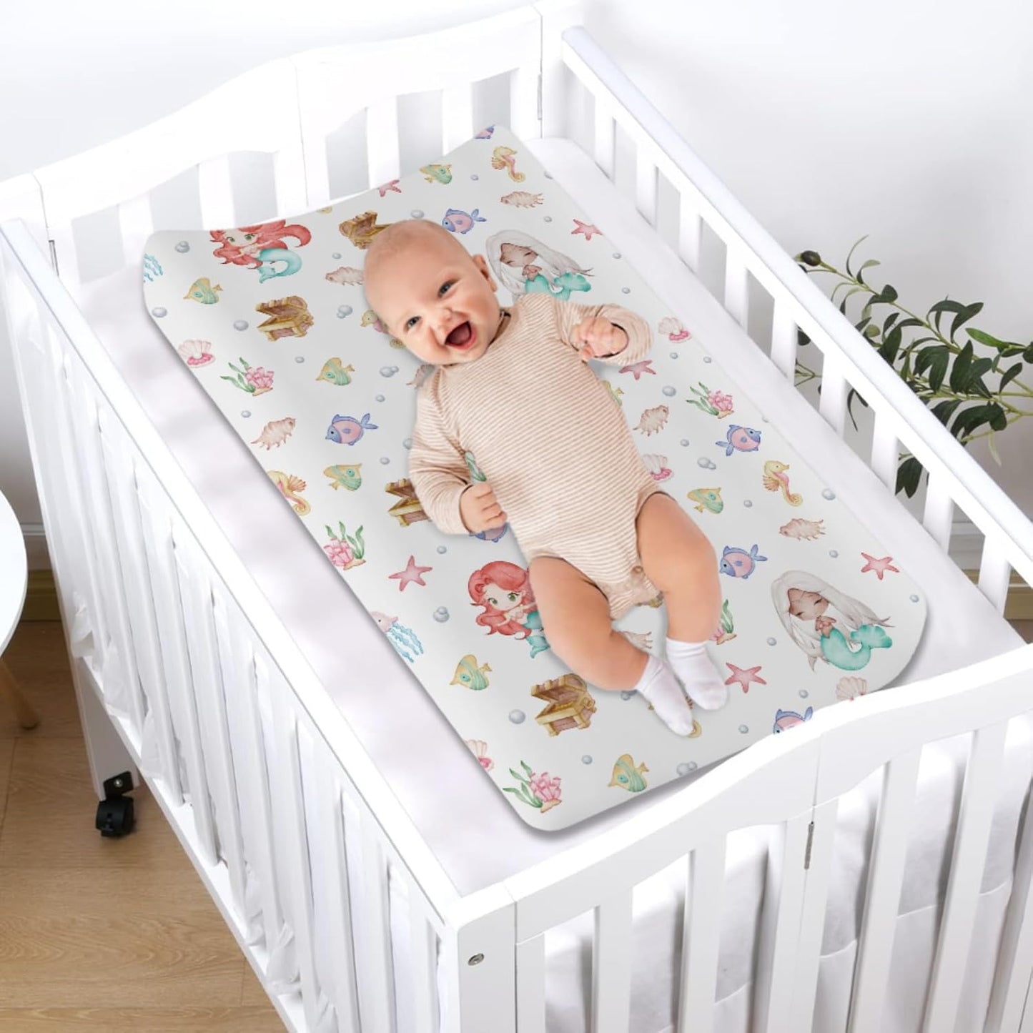 Watercolor Mermaids Changing Pad Covers Ocean Animals Fish Sea Horse Jellyfish Conch Coral Diaper Change Table Sheets for Boy Girl Soft Breathable Stretch Baby Change Table Pad Mats Covers 32''x16''