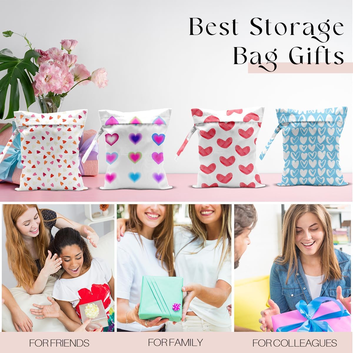 4 Pack Wet Bag for Swimsuit, Beach Travel Essentials Wet Dry Bag, for Sunscreen Toiletry Dirty Clothes Yoga Gym Diaper, Friend Summer Beach Vacation Gifts. Various heart shapes