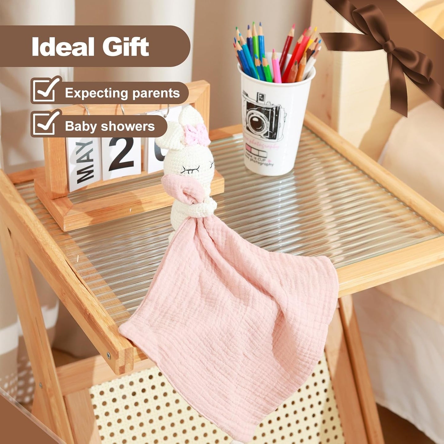 Plush Baby Rattle and Soft Doll Set – Handmade Crochet Toy Rattle for Newborns, Soft Plush Rabbit Rattle for Infants, Doll Blanket – Perfect First Toys for Baby Girl 0-6 Months