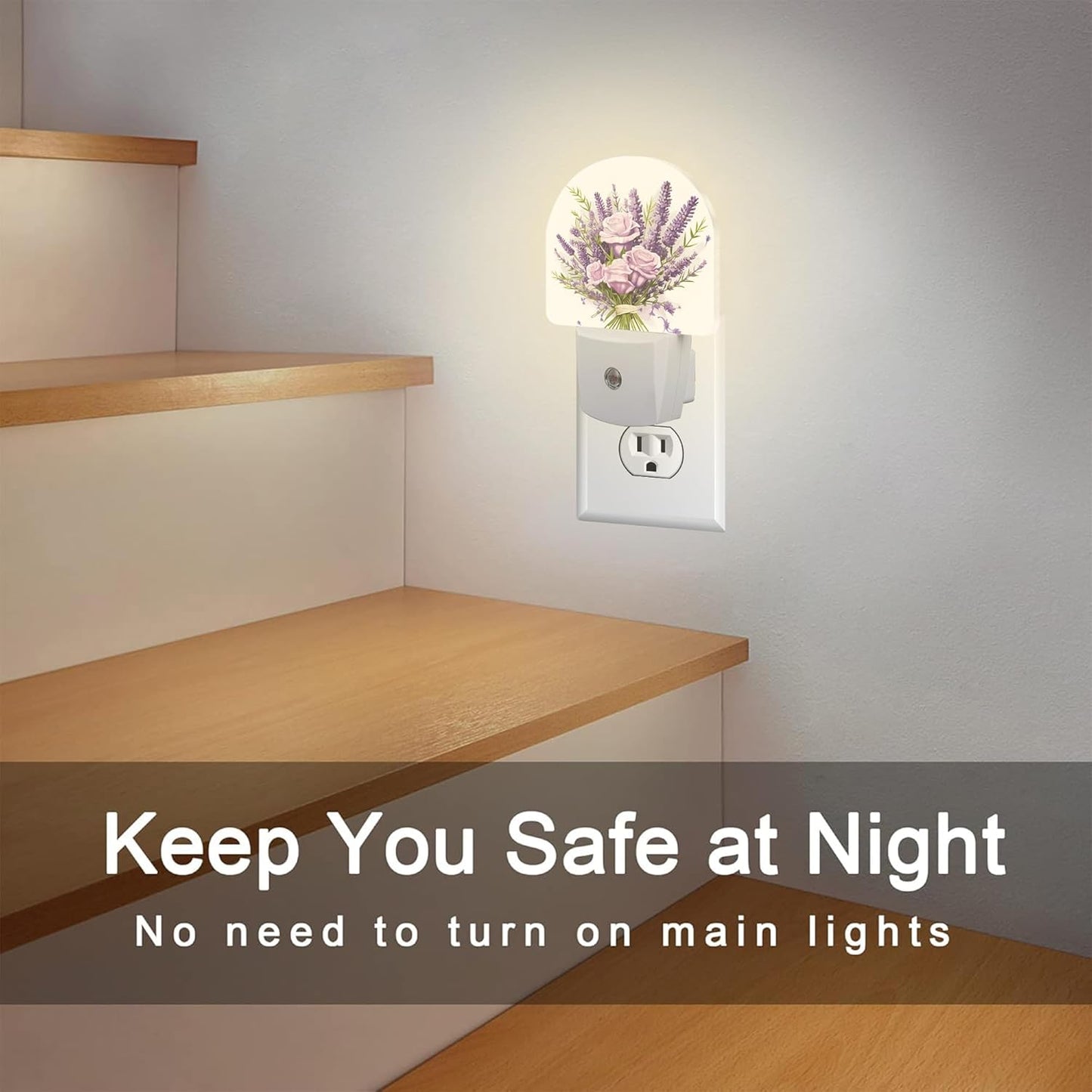 Purple Lavender Louquet Night Light Plug into Wall,Watercolor Blooming Lavender Floral Dusk to Dawn Night Light Plug in,0.5w Energy Saving Sleep Friendly NightLight for Kids Boys Girls Home Decor