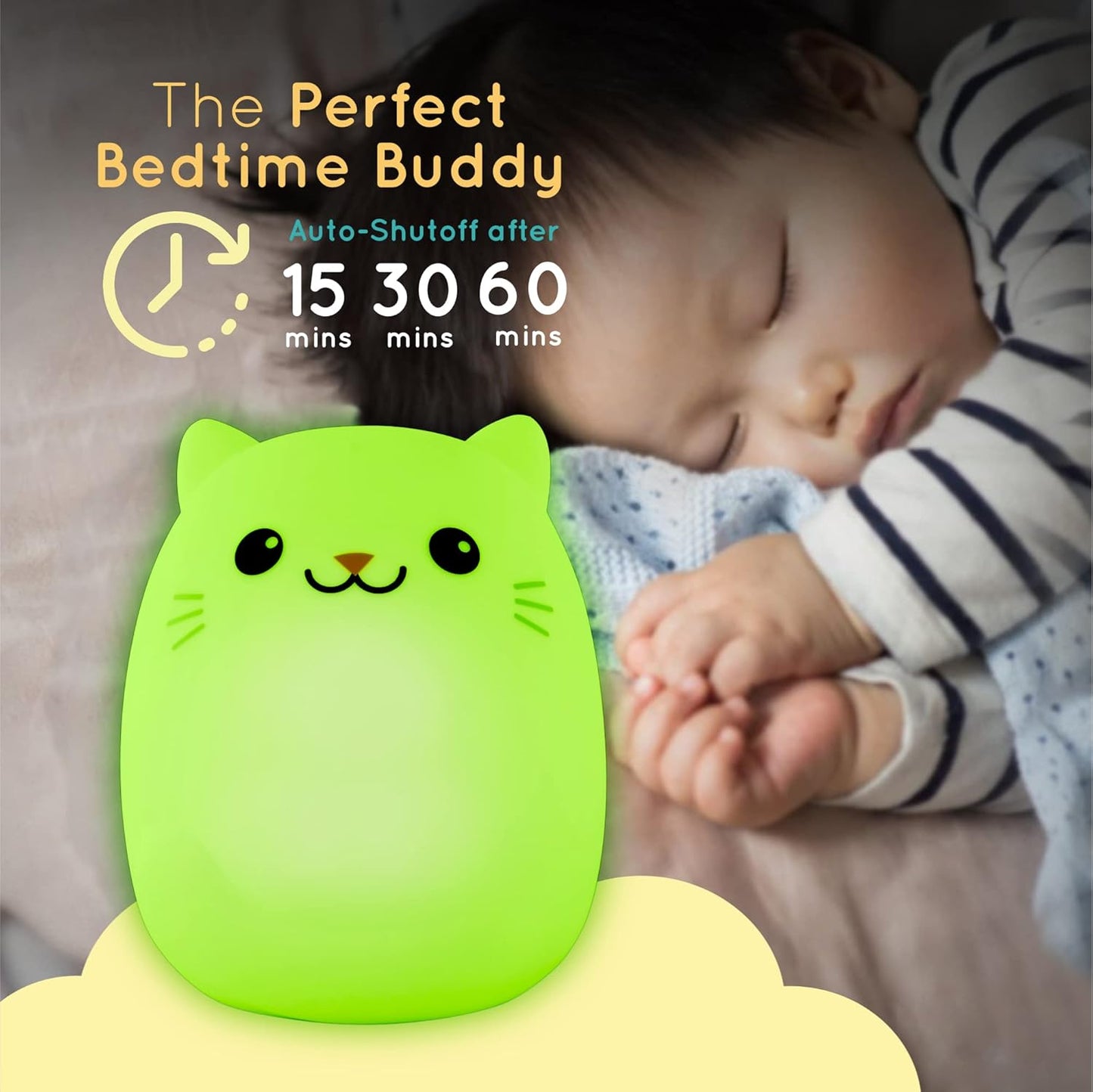 Lumipets Clive The Cat Squishy Silicone Night Light for Kids | Cute Night Light with Remote & Touch Control for Baby & Toddler Bedrooms | Color Changing Portable Animal Nightlight | Kids Mood Lamp