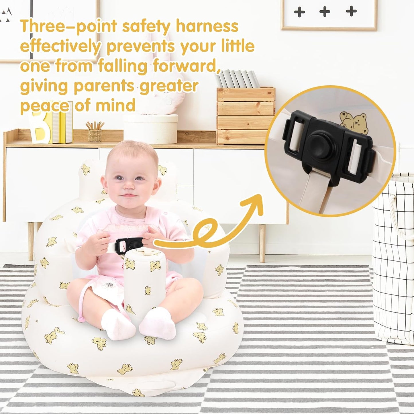 Inflatable Baby Seat with Harness for Babies 3 Months & Up, Baby Floor Chair for Sitting Up, Baby Seats for Infants, Blow Up Baby Chair with Built in Air Pump - Bear