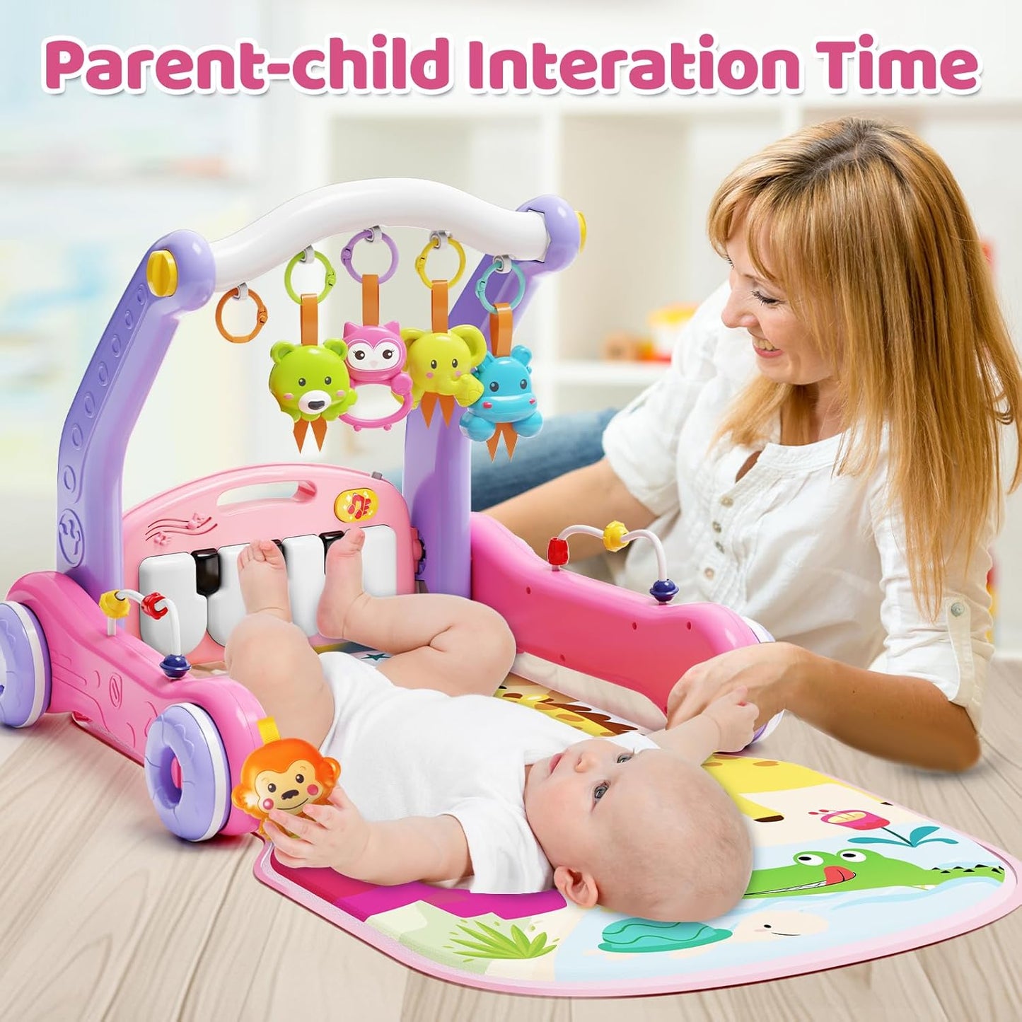2 in 1 Baby Gym Play Mat with Walker, Kick and Play Piano Gym Activity for Boys Girls, Musical Activity Center Tummy Time Mat for 0-3-6-12-18 Months, Learning Walker Play Gym for Infant Toddler Gift
