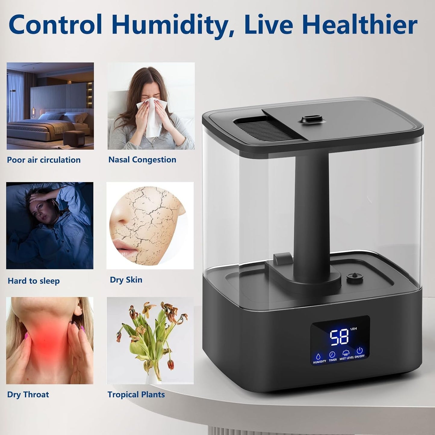 KZF Humidifier for Bedroom, 6L Ultrasonic Cool Mist Humidifier, Easy Clean Humidifier 3 Adjust the Humidity, Suitable for Bedroom Study Room Kids Room Yoga Office, Quite and Smart Top Fill Design