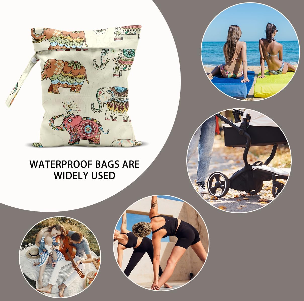 Elephant Gifts for Women, 2Pcs Elephant Print Wet Bags, Wet Dry Bag Reusable Zipper Pouch for Swimsuit, Diapers, Pool, Beach, Dirty Yoga Gym Clothes, Toiletries, Waterproof Birthday Gifts