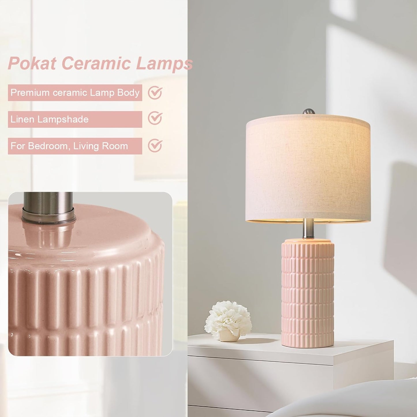 PoKat 20.75" Pink Ceramic Table Lamps Set of 2, Small Modern Bedroom Lamps for Girls Room, Bedside Lamps for Night Stands, Cute Lamps for Living Room Decor, Nightstands Desk Lamp, Light Pink