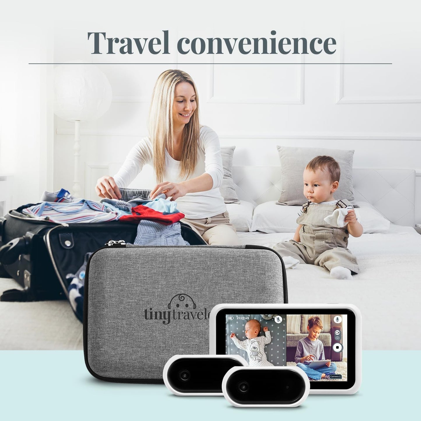 Tiny Traveler Baby Car Monitor for 2 Kids, 5” Touch Screen, No WiFi, Home Travel Roadtrip – Rear-Facing Car Seat Monitor Night Vision Baby Reminder Alert - White