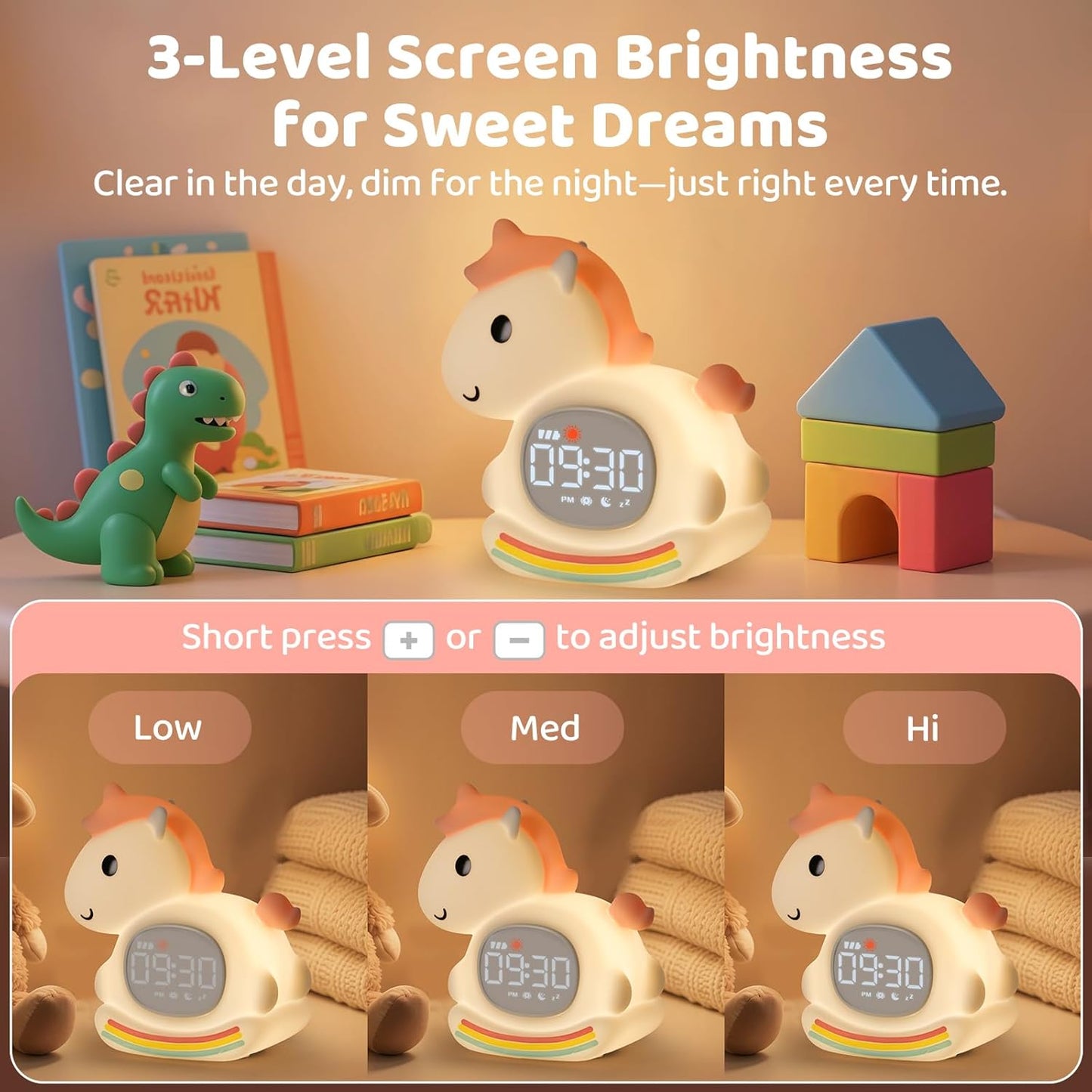 Alarm Clock with Night Light for Kids with Sleep Training and Sound Machine, Rechargeable Silicone Lamp OK to Wake Clock,Cute Animal Tabletop Lamp, Perfect Sleep Companion for Boys Girls,Pink Pony