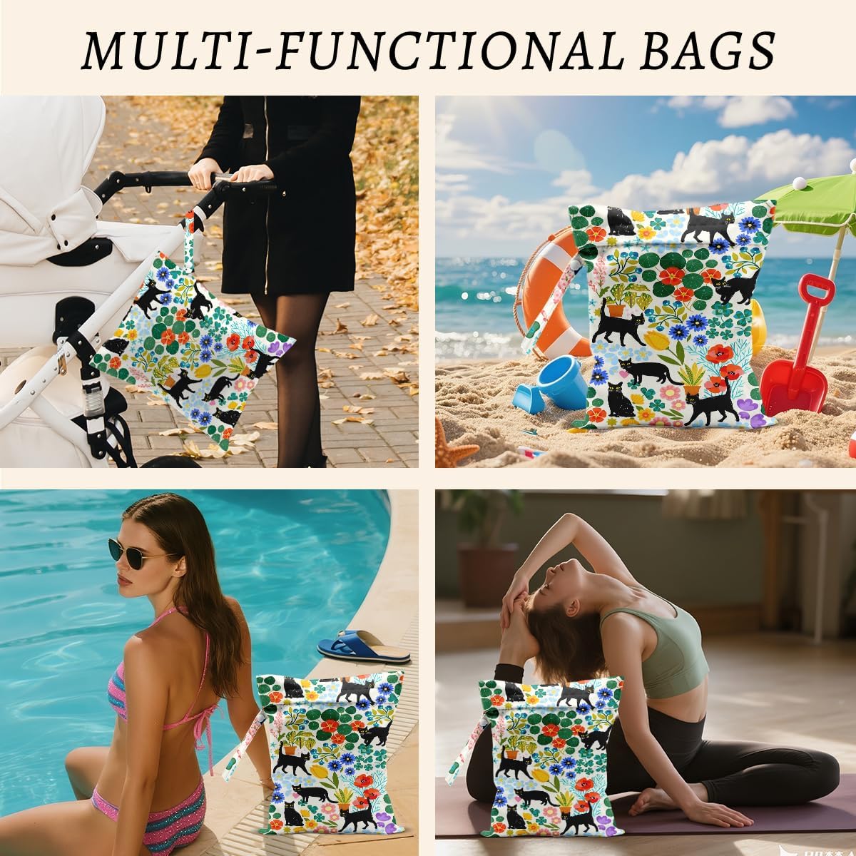 Cat Wet Bags 12x10 Inch, Colorful Floral Waterproof Wet Dry Bags, Flowers Washable Travel Laundry Bag for Swimsuit Pool Beach Diapers Dirty Yoga Gym Clothes, Cat Gifts for Women Friend Travelers