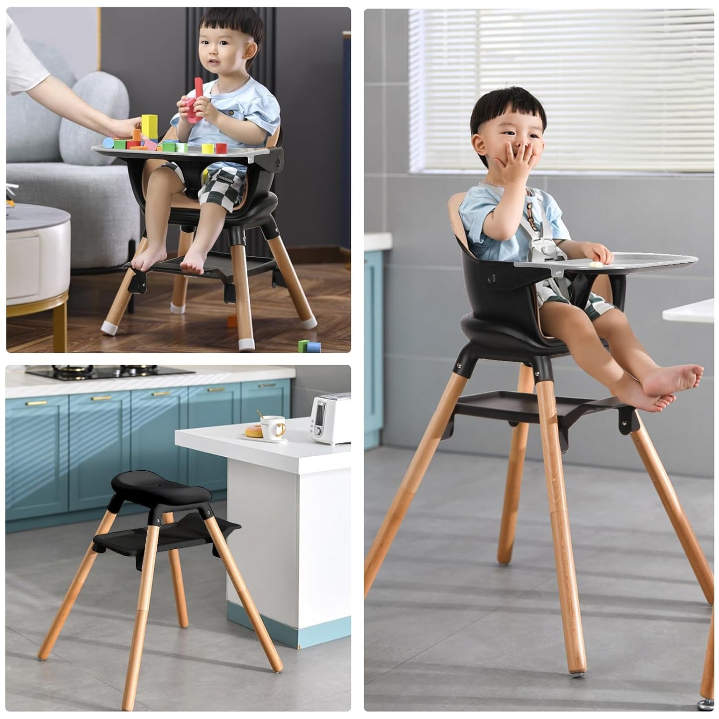 High Chair, 6 in 1 Wooden Convertible High Chairs for Babies and Toddlers, Booster Seat with Double Tray & Reversible Footrest Baby Highchair, 5-Point Harness Baby Feeding Chair, Black