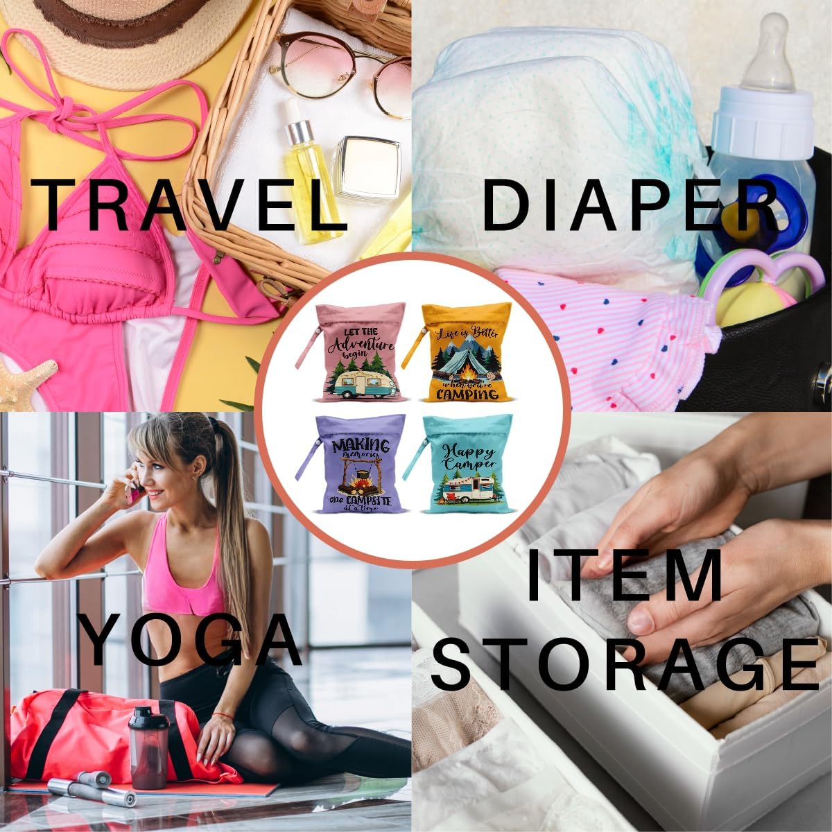 4 Pack Camping Wet Bag Waterproof Reusable Wet Dry Bag for Swimsuit Diaper Travel Beach Pool Gym Toiletries Funny Novelty Gifts for Campers Camping Accessories for Rv Campers Birthday Christmas