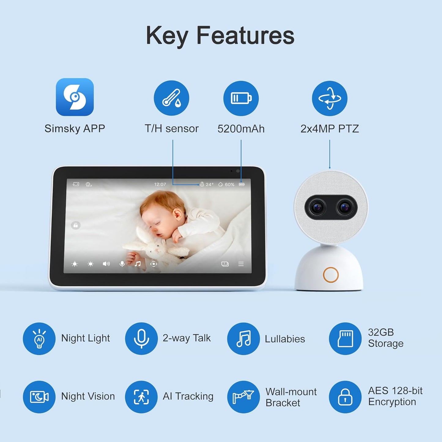 Simsky Video Baby Monitor, Dual 4MP Cameras with 6X Zoom, 7" UHD Large Touch Screen Smart Portable Audio Monitor, 24/7 Recording in app, AI Tracking, Intelligence Detection, 32GB Local Storage