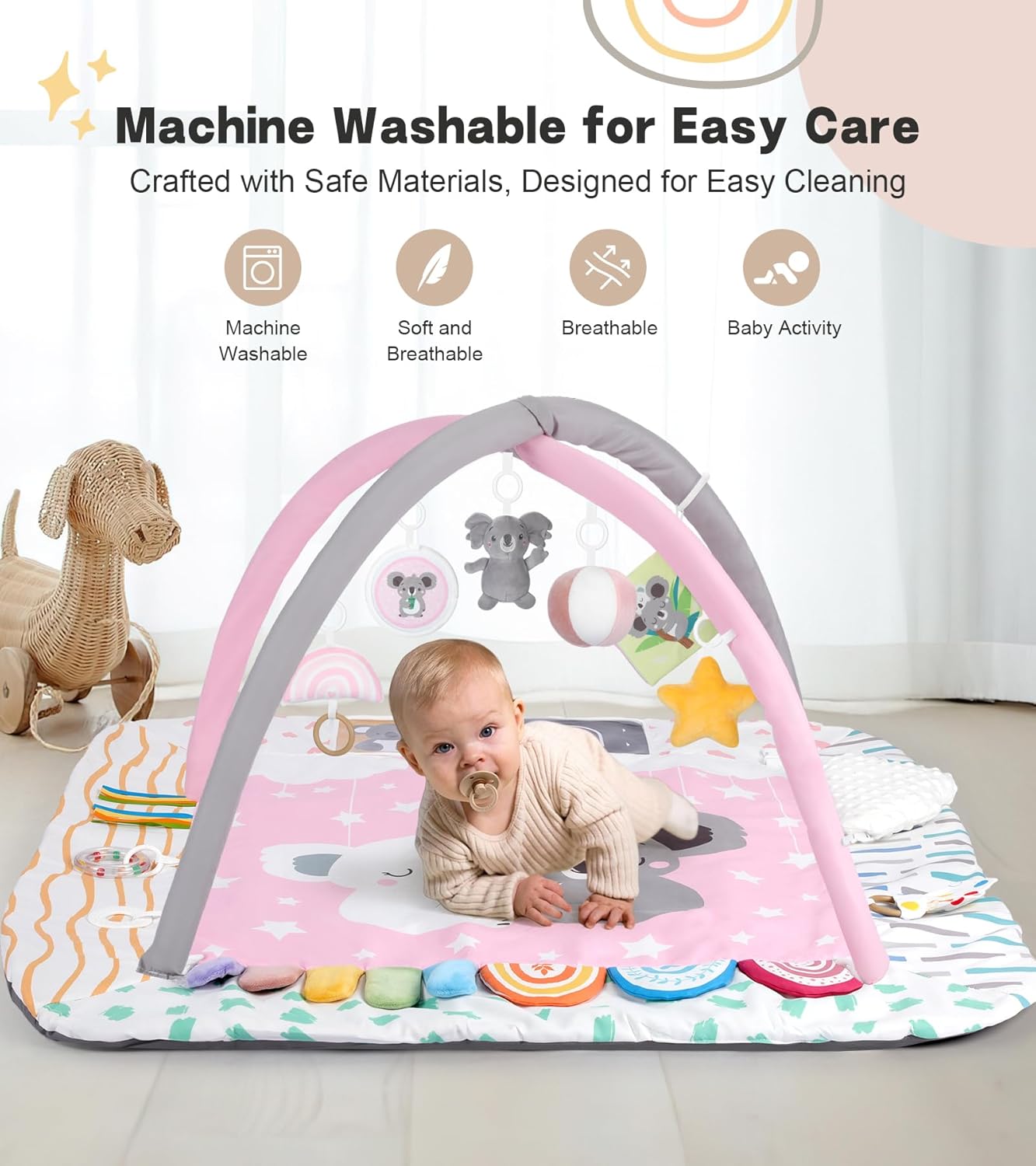 Baby Play Mat Activity Gym with Tummy Time Pillow, 6 Developmental Zones Tummy Time Mat, 6 Detachable Sensory Toys and Educational Cards, Essential Baby Shower Set, Pink Koala