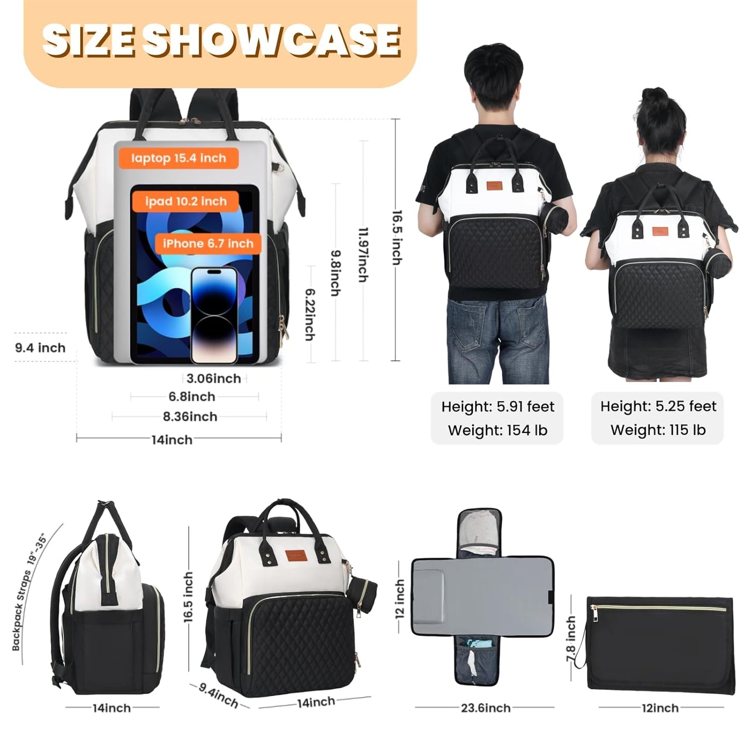 Baby Diaper Bag Backpack with Changing Pad, Pacifier Case, for Boy Girl Toddler - Large, Stylish, Waterproof Travel Quilted Diaper Bag for Mom - Black/White