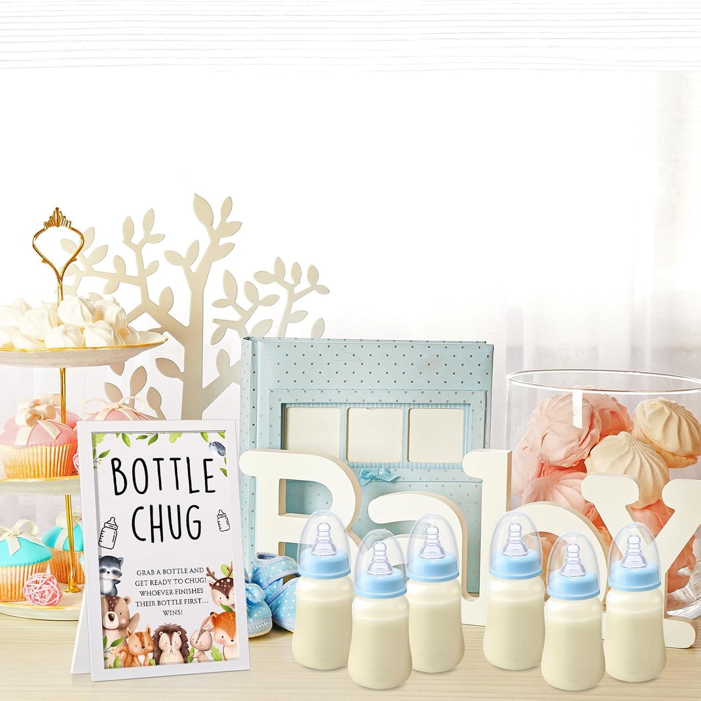 Roowest Bottle Chug Baby Shower Game Favors Including Woodland Animal Theme Wooden Sign and 18 Pcs Baby Bottles for Gender Reveal Party Supplies