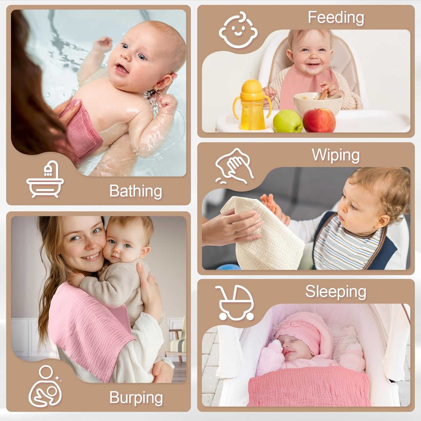 MUKIN Baby Washcloths,Muslin Burp Cloths Towels for Newborns,Absorbent Cotton Bath Face Towel ,5 Pack, 12x12 Inches (Rosy Embrace)