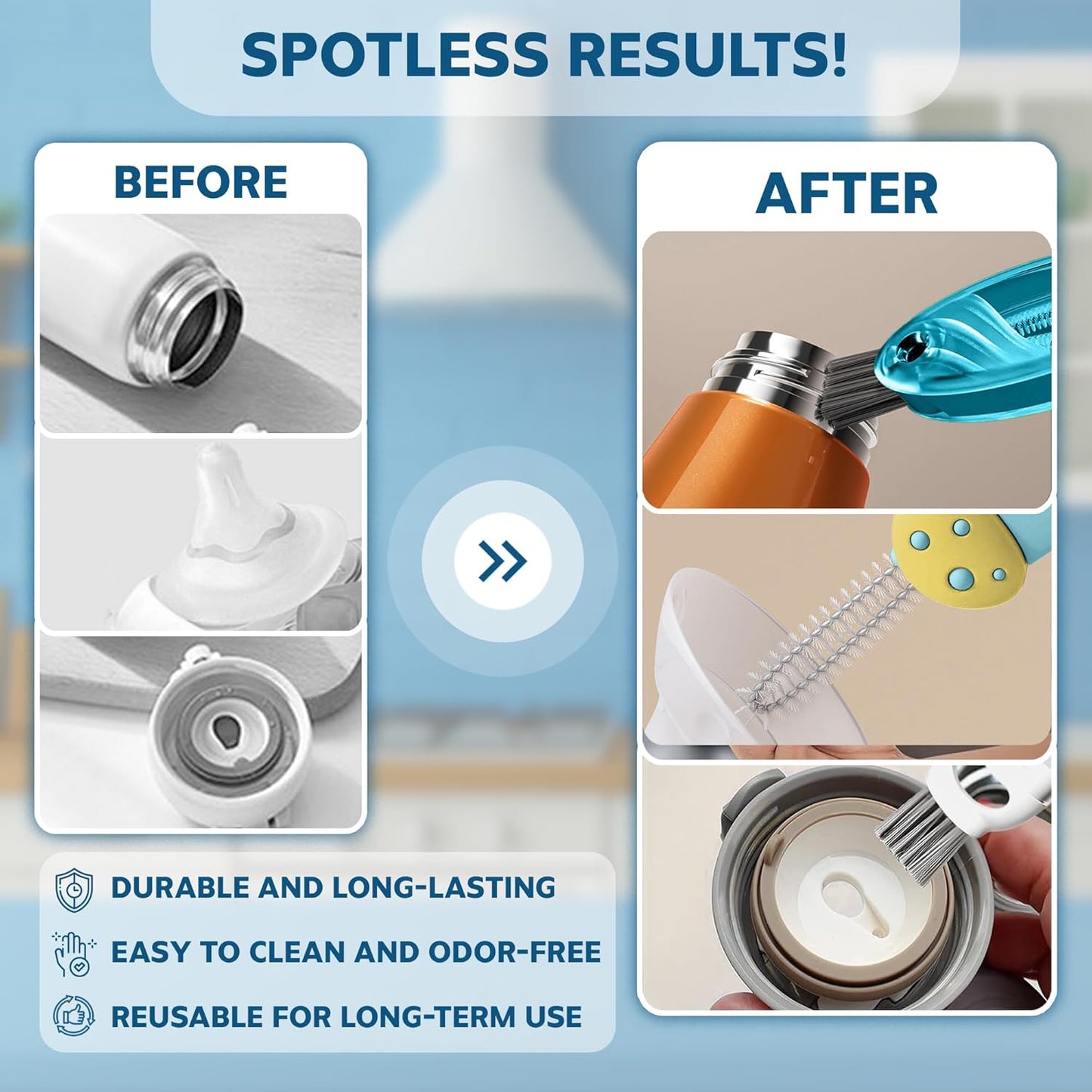 Cup Lid Cleaning Brush, Multifunctional Set with 3 in 1 Lid Cleaner and Two 4 in 1 Cup Lid Cleaning Brushes, Cleaning Brush Tool for Bottles, Straws, Tumblers, Travel Mug Caps, Portable Kit (Blue)