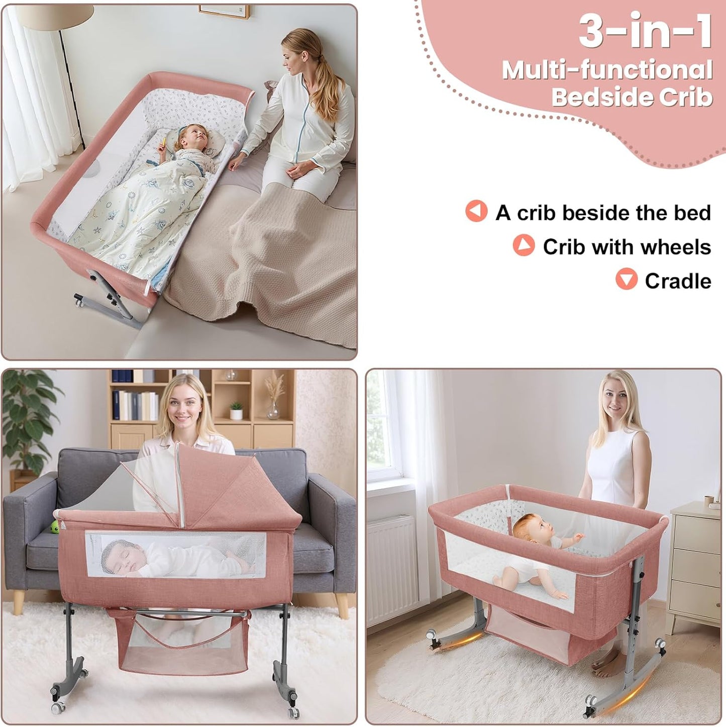 3-in-1 Baby Bassinet Bedside Sleeper for Newborns & Infants - 6-Level Height Adjustable, Portable Convertible Bassinet/Cradle with Mosquito Net, Storage Basket & Wheels,Easy Assemble (Pink)
