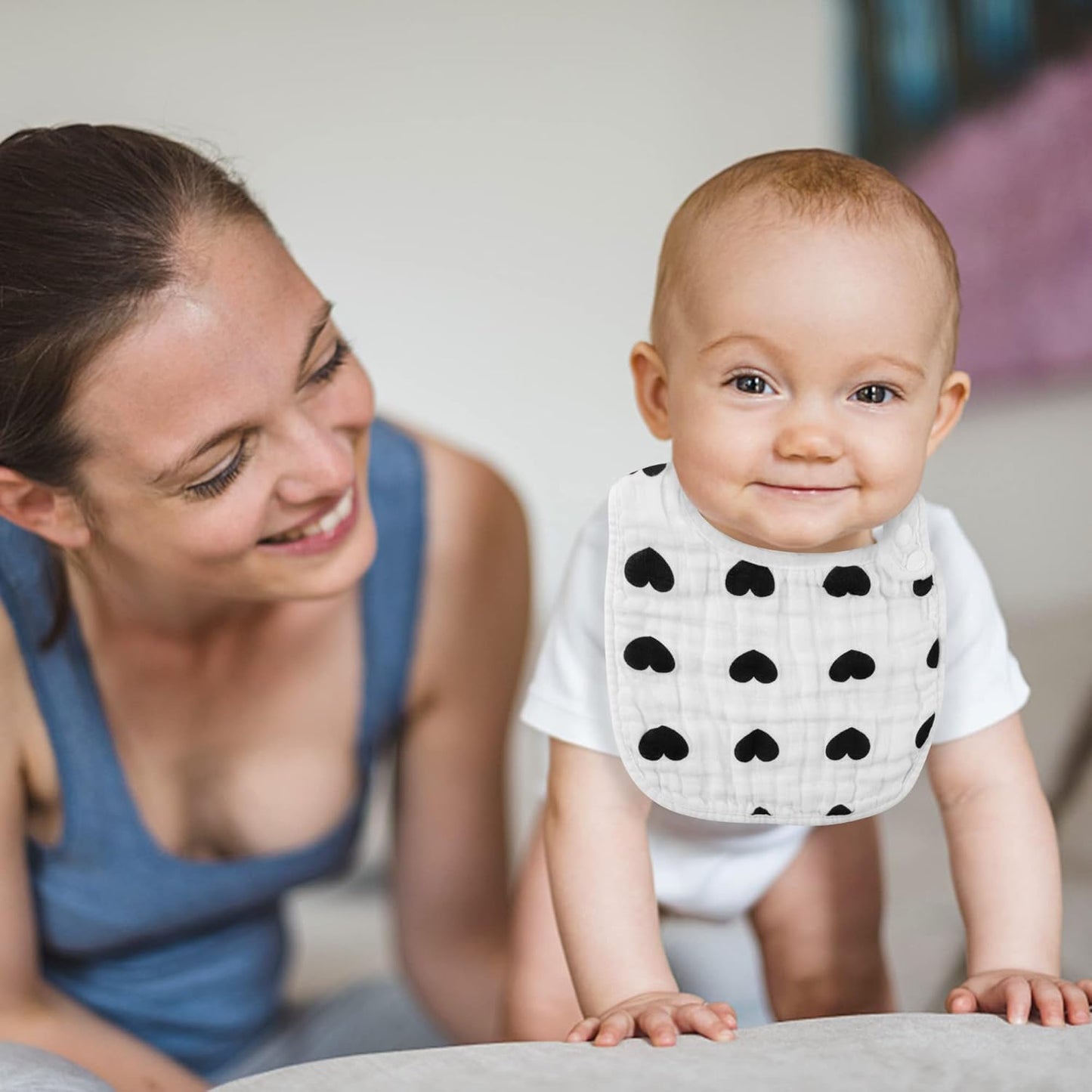 Zainpe 6Pcs Snap Muslin Cotton Bibs for Baby Love Heart Milk Letter Pattern Bib with 6 Absorbent Soft Layers, Machine Washable Burp Cloths for Infants Newborns Toddlers Drooling Feeding and Teething