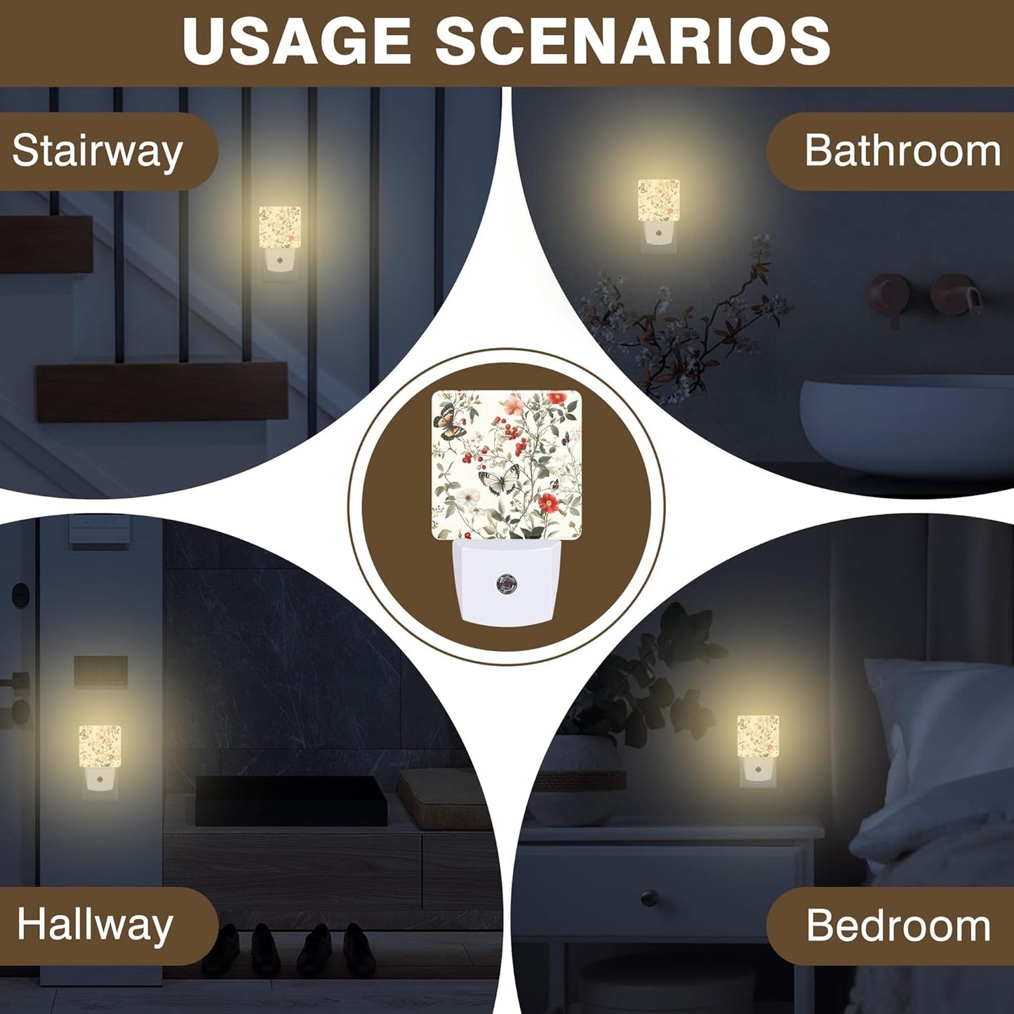 Vintage Flower and Butterfly Night Light, Plug-in Nightlight with Dusk to Dawn Auto Sensor for Home Bedroom Hallway Kitchen 0.5W Sleep Friendly Led Lamp for Women Men