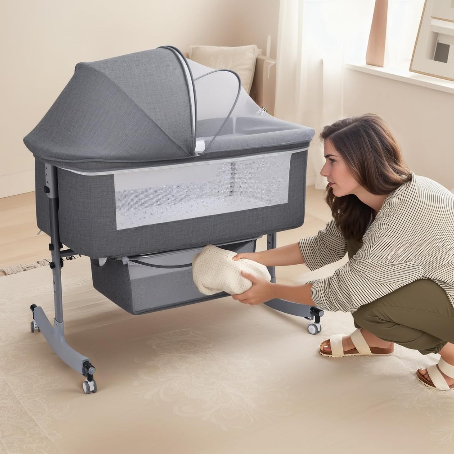 3-in-1 Baby Bassinet Bedside Sleeper for Newborns & Infants - 6-Level Height Adjustable, Portable Convertible Bassinet/Cradle with Mosquito Net, Storage Basket & Wheels,Easy Assemble (Grey)