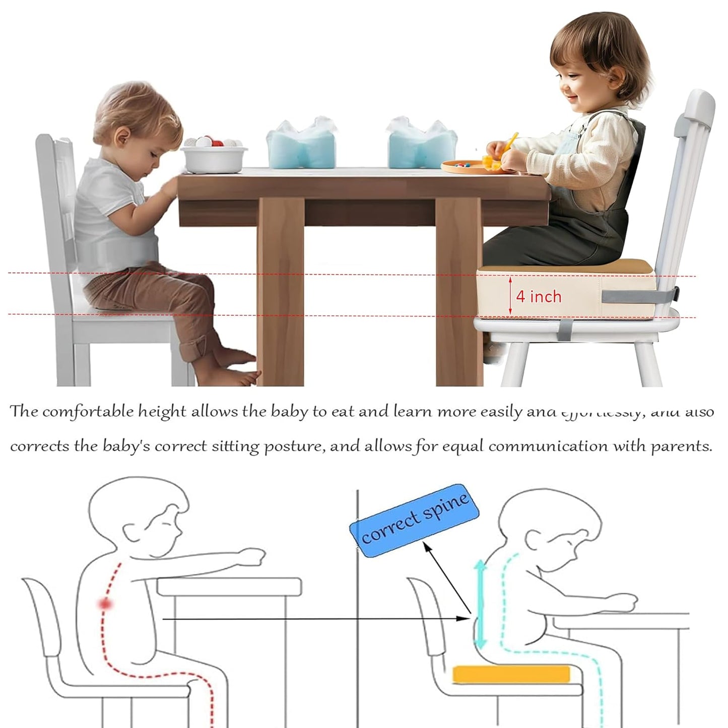 Toddler Dining Table Booster seat, PU Washable Waterproof Double seat Belt Non-Slip Bottom Booster seat for Dining Toddler, Portable Travel Increase Cushion Brown+White