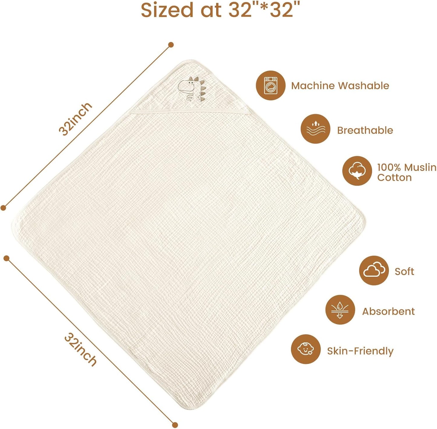 david's kids 2 Pack Hooded Baby Towels, Large 32"x32", 6 Layer 100% Muslin Cotton Highly Absorbent Boy Bath Towel for Newborn, Infant and Toddler, Soft and Breathable Baby Essentials, Dinosaur Story