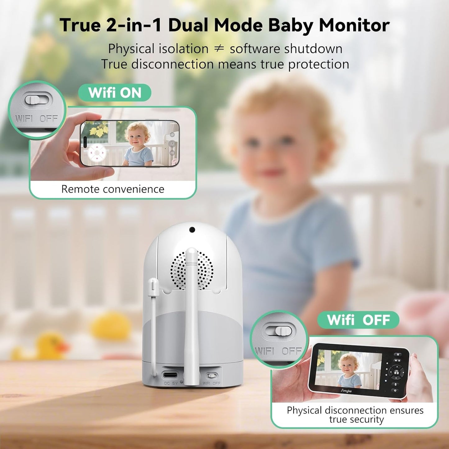 Video Baby Monitor with Camera and Audio,5'' Screen,720P,No Wifi or Free App Mode,Pan-Tilt-Zoom,Lullabies,Feeding Remind,Night Vision,VOX/ECO,2-Way Talk,1500ft Long Range,Easy Setup,30H Battery
